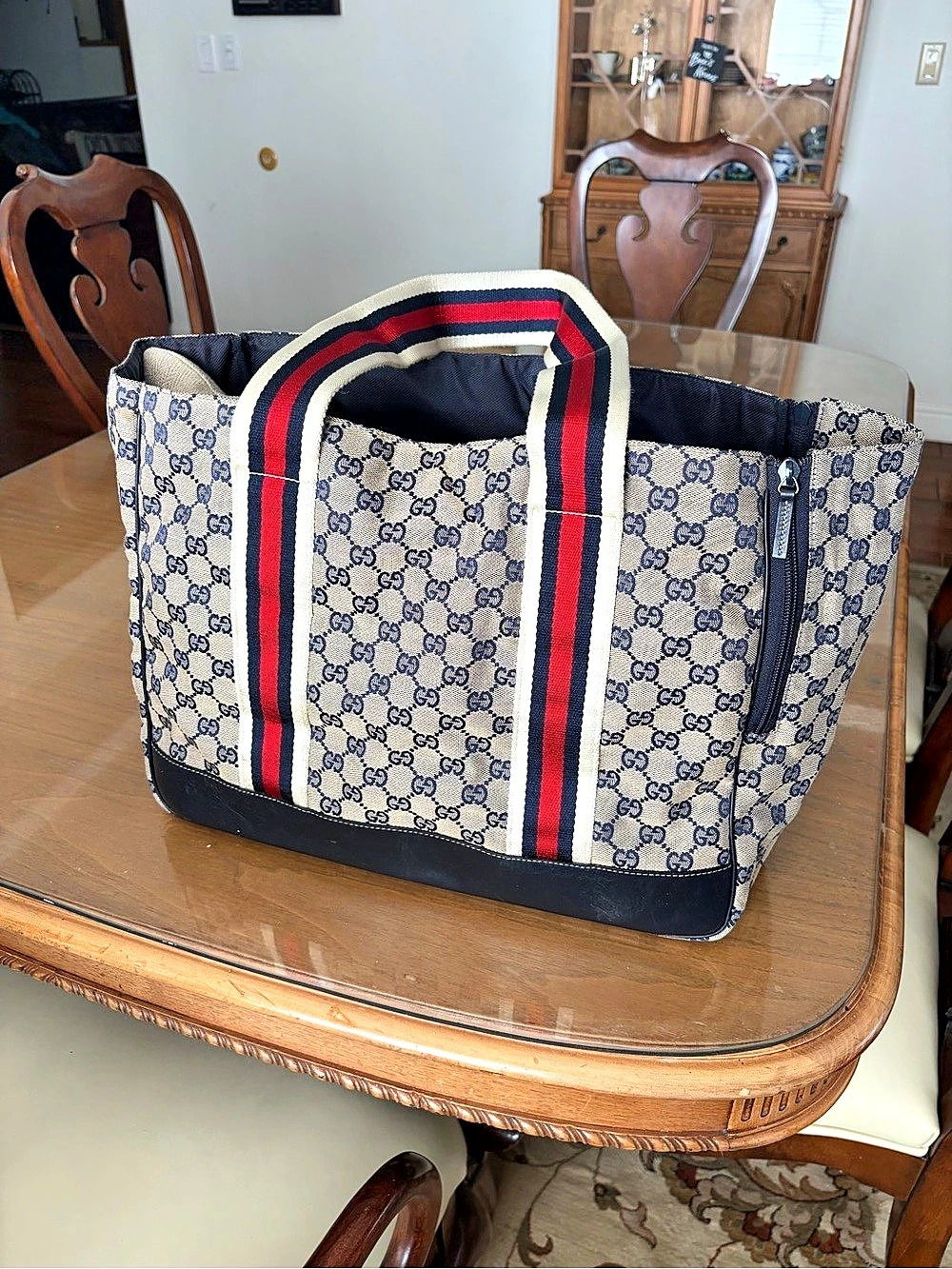 Gucci GG Supreme Web Pet Carrier Tote in Beige & Blue